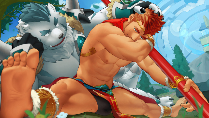 2boys abs anklet armor bara bear_boy bernard_(gyee) biceps black_eyes bulge chest_harness chest_plate claws diadem facial_hair feet furry furry_male gauntlets green_eyes gyee hand_on_another's_head hand_on_own_face harness highres itto_(mentaiko) jewelry kong_(gyee) landscape large_pectorals leaf leg_armor long_sideburns lying male_focus male_swimwear manly multiple_boys muscular muscular_male navel nipples official_art on_side outdoors pectorals red_hair scar scar_on_arm scar_on_face scarf shoulder_armor shoulder_pads sideburns skirt smile spiked_hair spread_legs staff stretch stubble sweat sweatdrop swim_briefs thick_arms thick_eyebrows thick_thighs thighs topless topless_male tree tusks