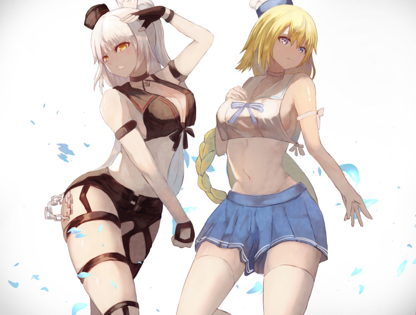 2girls arm_strap bangs black_choker black_gloves black_headwear black_shirt black_shorts blue_eyes blue_skirt breasts chain choker clenched_teeth commentary_request crop_top dual_persona fate/grand_order fate_(series) fingerless_gloves front-tie_top gloves grey_background hand_on_own_chest hat highres jeanne_d'arc_(fate) jeanne_d'arc_alter_(fate) king_ekaki large_breasts long_braid long_hair looking_at_viewer midriff mini_hat miniskirt multiple_girls navel pleated_skirt shirt short_shorts shorts silver_hair skirt sleeveless sleeveless_shirt stomach teeth thigh_strap thighhighs thighs very_long_hair white_legwear white_shirt yellow_eyes zettai_ryouiki