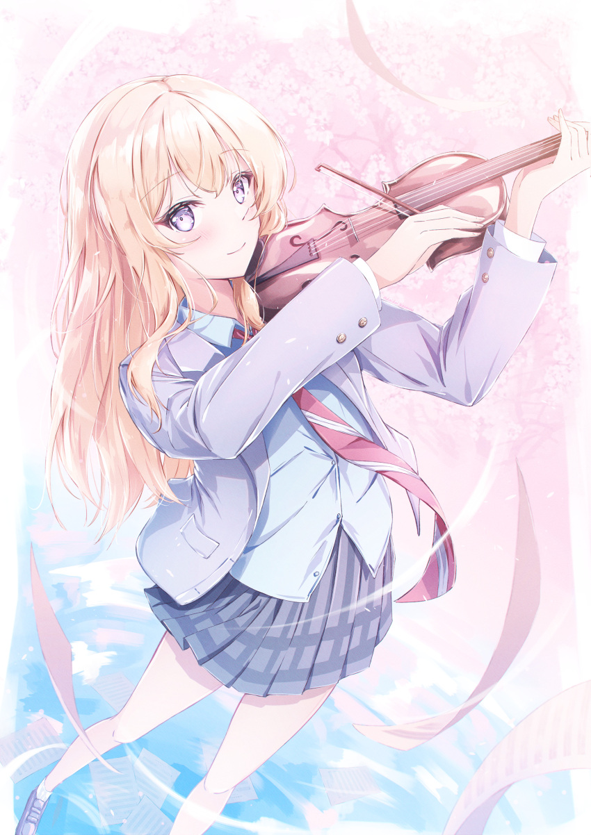 1girl absurdres cherry_blossoms daidai_(daidai826) highres instrument looking_at_viewer miyazono_kawori scenery school_uniform shigatsu_wa_kimi_no_uso uniform violin