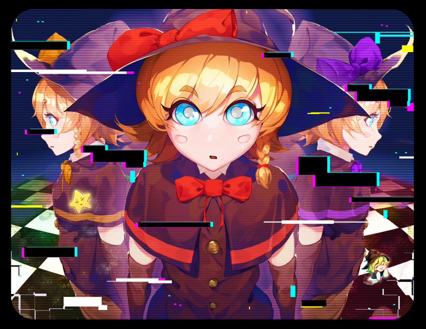 2girls bangs bejili black_capelet black_gloves black_headwear black_vest blonde_hair blue_eyes blush_stickers bow bowtie braid bright_pupils buttons capelet commentary_request cookie_(touhou) cowboy_shot elbow_gloves eyebrows_visible_through_hair gloves hair_between_eyes hat hat_bow highres kirisame_marisa looking_afar looking_at_viewer meguru_(cookie) minigirl multiple_girls open_mouth purple_bow purple_bowtie red_bow red_bowtie short_hair side_braid single_braid star_(symbol) static suzu_(cookie) touhou vest white_pupils witch_hat yellow_bow yellow_bowtie yuuhi_(cookie)