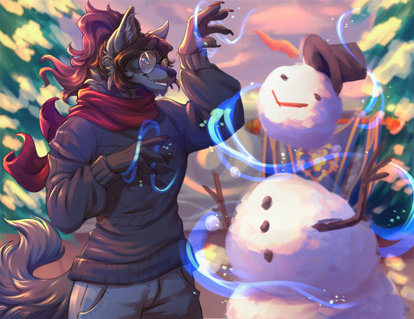 anthro blizzard_entertainment canid eyewear glasses levitation magic magic_user male mammal mirtilo ollie_grayhaven scarf slice_of_life slim smile snow snowman solo spell spellcasting video_games warcraft were werecanid winter winter_clothing worgen