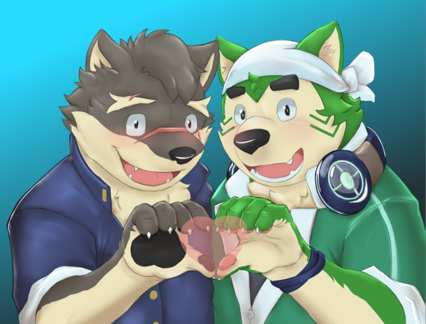 &lt;3 anthro bandanna canid canine canis domestic_dog duo eyebrows fur gesture green_body green_fur grey_body grey_fur hand_heart headphones headphones_around_neck kerchief lifewonders live-a-hero male male/male mammal mokdai moritaka nothregal pawpads scar thick_eyebrows tokyo_afterschool_summoners video_games