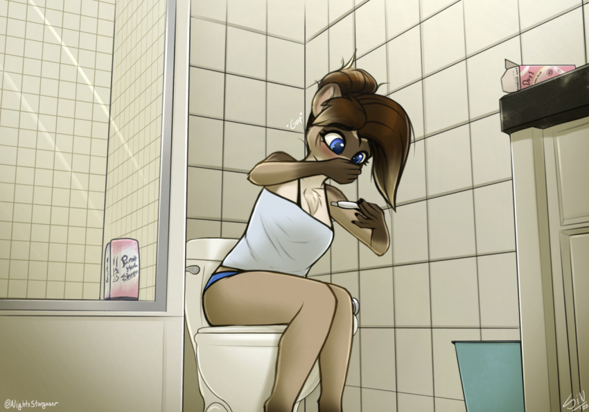 anthro bathroom blush chest_tuft clothing covering covering_mouth female fingers humanoid_hands mammal positive_test pregnancy_test pregnant pregnant_female shocked solo stargazer tile toliet trash_can tuft underwear