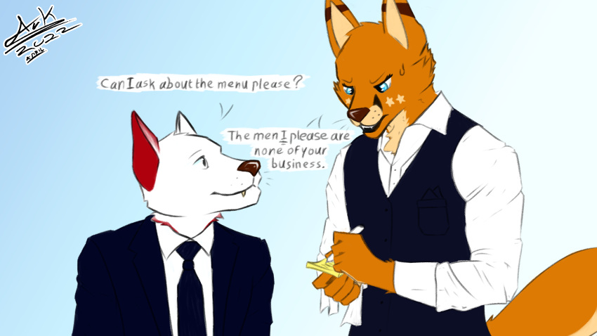 anthro arkdoggo arkdoggo_(character) berger_blanc_suisse black_clothing blue_eyes brown_nose buss_boy canid canine canis clothing dialogue domestic_dog duo fox fur happy herding_dog hi_res humanoid_hands jake_(arkdoggo) male male/male mammal meme necktie notebook orange_body orange_fur pastoral_dog pen profesional_attire pupils red_ears restaurant serving slit_pupils suit tail tan_body tan_fur teeth_showing towel towel_on_arm white_body white_clothing white_fur writing_(disambiguation)