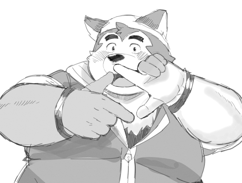 2022 absurd_res anthro belly big_belly blush canid canine canis clothing domestic_dog hi_res hoodie humanoid_hands kemono lifewonders live-a-hero male mammal mokdai overweight overweight_male simple_background solo sv_grart topwear video_games white_background