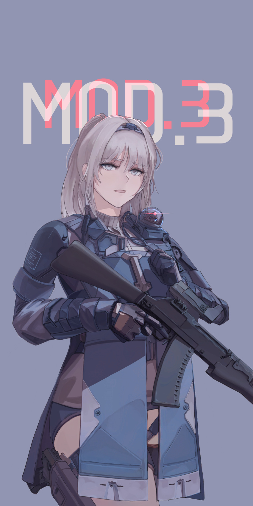 1girl absurdres an-94 an-94_(girls'_frontline) armor assault_rifle bangs black_gloves blonde_hair blue_background eyebrows_visible_through_hair feet_out_of_frame girls'_frontline gloves gun hairband highres holding holding_gun holding_weapon holstered_weapon jacket light_blue_eyes long_hair long_sleeves looking_at_viewer mod3_(girls'_frontline) open_mouth ponytail revision rifle simple_background solo standing tactical_clothes useless weapon