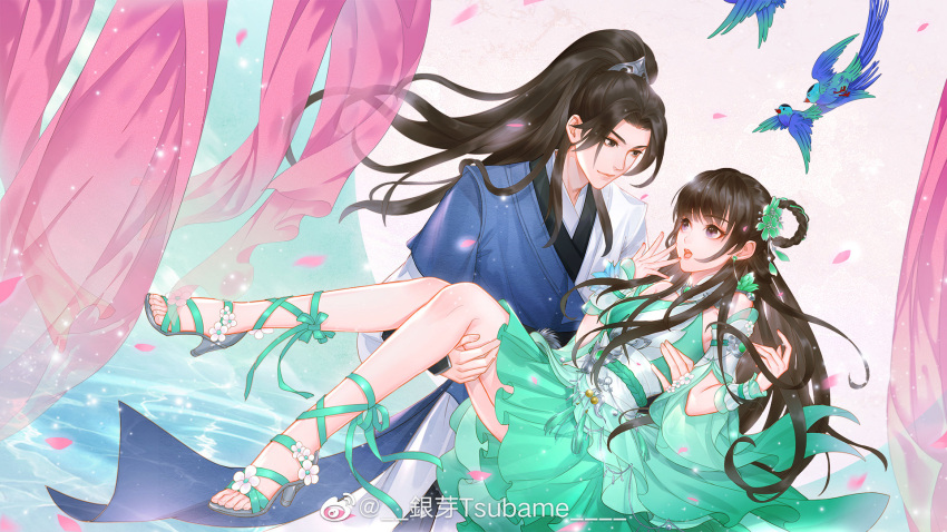 1boy 1girl baiguio_(zhu_xian) bird brown_hair carrying catch dress falling gasp green_dress hair_ornament hair_rings highres princess_carry weibo_id yin_ya_tsubame zhu_xian