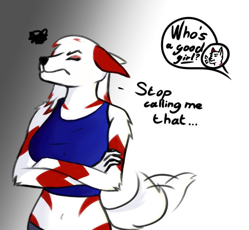 annoyed anthro arianna_(arkdoggo) arkdoggo arkdoggo_(character) berger_blanc_suisse big_breasts breasts canid canine canis clothing crop_top domestic_dog duo female fur good_girl hair herding_dog long_hair male mammal pastoral_dog red_body red_fur secretly_loves_it shirt tail tail_motion tailwag topwear track_pants white_body white_fur white_hair