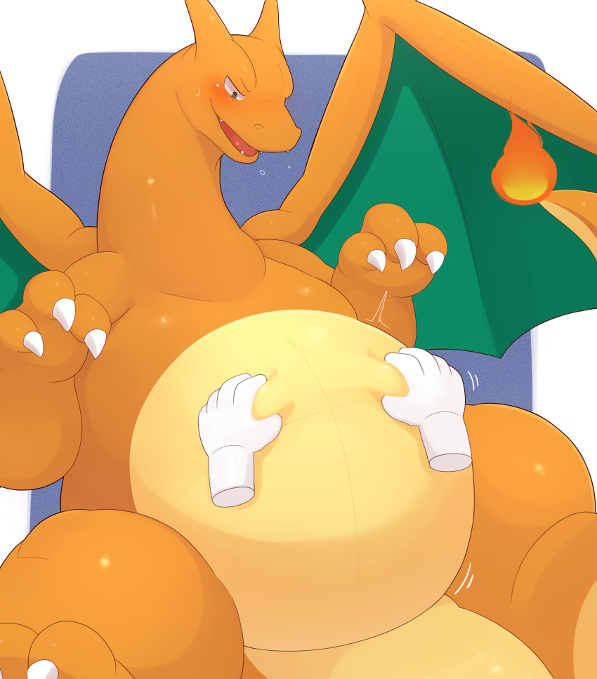 2022 3_fingers 5_fingers absurd_res ai_only_dream belly belly_grab belly_squish charizard claws disembodied_hand finger_claws fingers focus_(disambiguation) green_wings hands_on_belly hi_res multicolored_body nintendo orange_body orange_tail orange_wings pok&eacute;mon pok&eacute;mon_(species) solo squish video_games white_claws wings