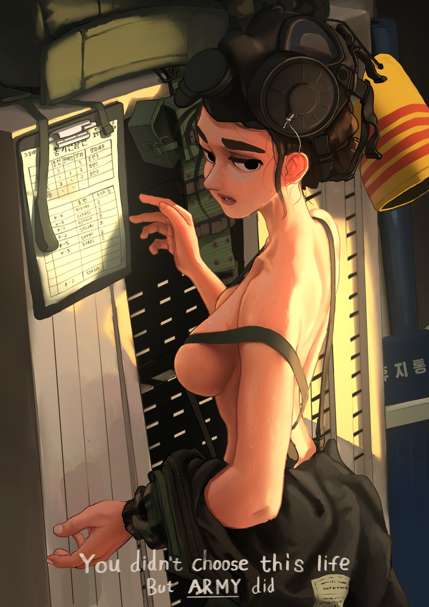 1girl absurdres back backlighting black_eyes breasts brown_hair clipboard commentary_request english_text fingernails folded_ponytail gas_mask highres hot korean_commentary mask medium_breasts military military_uniform no_bra off_shoulder original overalls_removed rifleman1130 shoulder_blades sideboob strap_slip suspenders sweat thick_eyebrows turning_head uniform updo