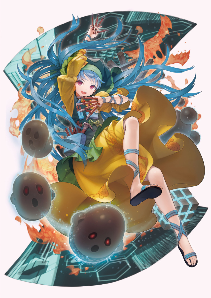 1girl :d apron arm_ribbon arm_up blue_hair blue_ribbon chisel dress floating_hair full_body green_apron grey_background hammer hand_up haniyasushin_keiki highres holding juliet_sleeves long_hair long_sleeves looking_at_viewer masakichi_(mmw) official_art open_mouth puffy_sleeves purple_eyes ribbon sandals simple_background smile solo strange_creators_of_outer_world teeth third-party_source touhou upper_teeth very_long_hair yellow_dress