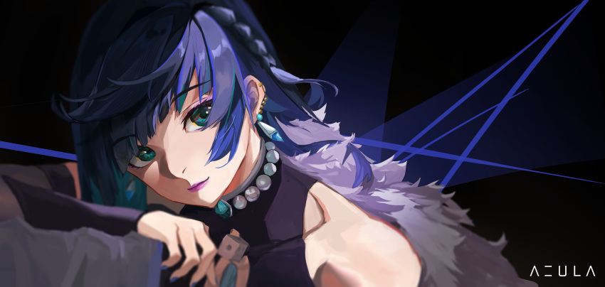 1girl absurdres aqua_eyes asymmetrical_bangs az'ruler bangs black_background blue_hair collarbone detached_sleeves dice ear_piercing eyebrows_visible_through_hair fur_trim genshin_impact hair_behind_ear highres looking_to_the_side medium_hair off_shoulder piercing portrait purple_lips smile solo yelan_(genshin_impact)