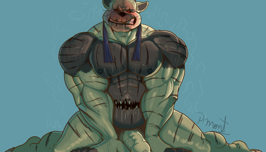 2022 2_mouths abs absurd_res anthro areola barazoku biceps big_muscles big_penis black_nose blush bodily_fluids clenched_teeth clothing digital_media_(artwork) drooling five_nights_at_freddy's five_nights_at_freddy's_4 foreskin fur genitals green_body green_fur hat hat_only headgear headgear_only headwear headwear_only hi_res male mammal monster mostly_nude multi_mouth muscular muscular_anthro muscular_male nightmare_fredbear_(fnaf) nipples pecs penis pinumontbalou red_eyes saliva scottgames sharp_teeth solo stomach_mouth sweat teeth top_hat ursid vein veiny_penis video_games whiskers