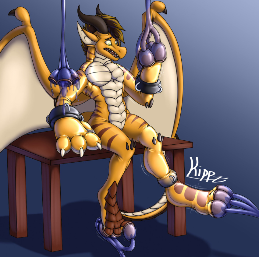 animate_inanimate ankle_cuffs anthro cuff_(restraint) dragon furniture hi_res horn inflatable kippz living_inflatable living_rubber looking_at_hand male maleherm_(lore) nude restraints sitting solo suction_cup table transformation wings wrist_cuffs