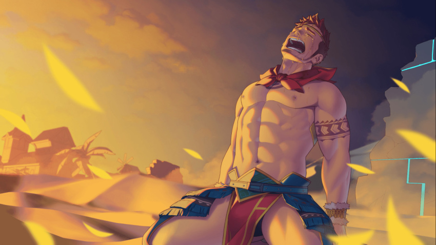 1boy abs arm_tattoo bara biceps bracelet chest_tattoo closed_eyes crying desert diadem ear_piercing earrings facial_hair gyee highres itto_(mentaiko) jewelry kong_(gyee) large_pectorals male_focus male_swimwear manly mature_male muscular muscular_male navel nipples official_art open_mouth palm_tree pectorals piercing red_hair ruins sand scarf skirt solo spiked_hair squatting stubble sunset swim_briefs tattoo tears thick_arms thick_eyebrows thick_thighs thighs tree