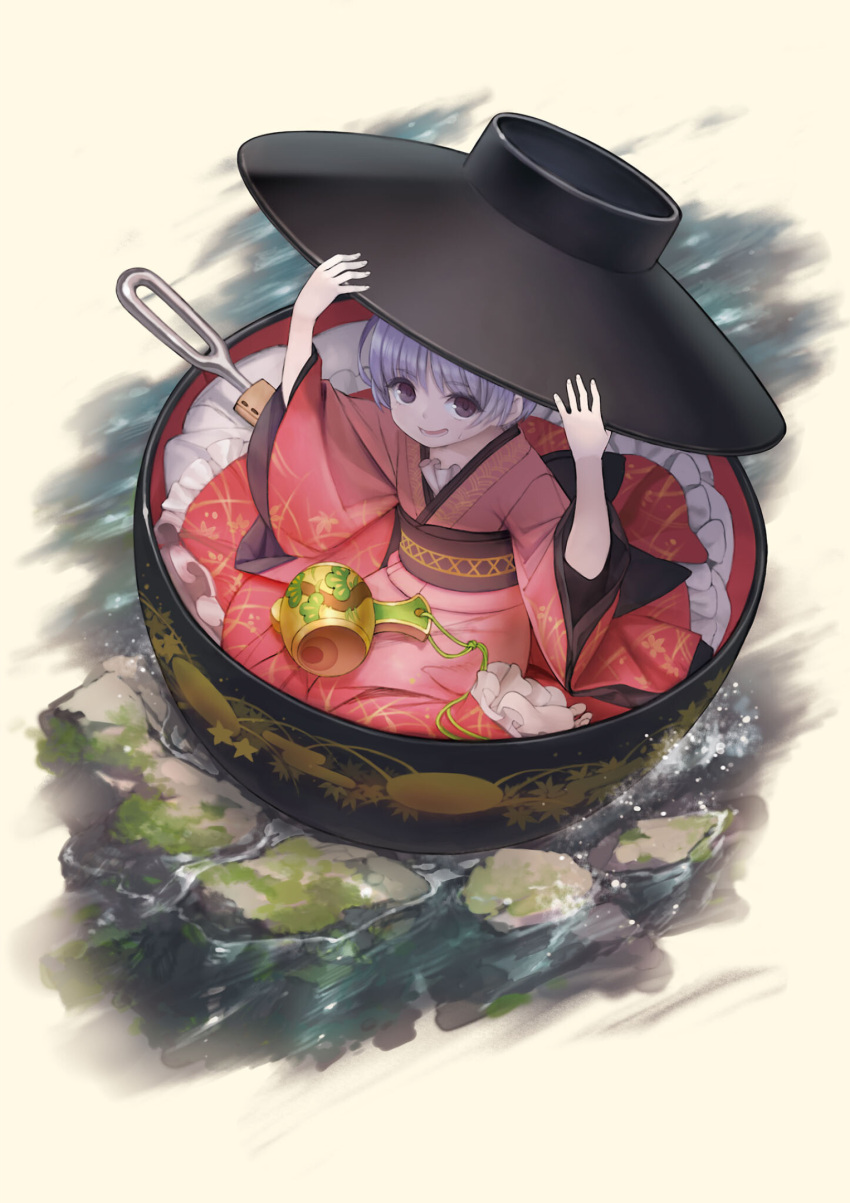 1girl :d adjusting_clothes adjusting_headwear bowl bowl_hat eyebrows_visible_through_hair full_body grey_background hat highres japanese_clothes kimono long_sleeves looking_at_viewer lower_teeth masakichi_(mmw) minigirl miracle_mallet needle obi official_art open_mouth pink_kimono purple_eyes purple_hair rock sash short_hair simple_background smile solo strange_creators_of_outer_world sukuna_shinmyoumaru teeth third-party_source touhou water wide_sleeves