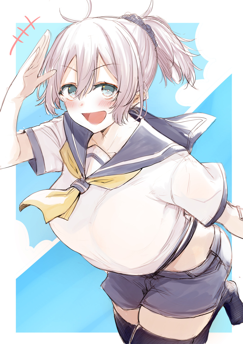 1girl absurdres aoba_(kancolle) aqua_eyes bangs black_legwear blue_sailor_collar blue_shorts blush breasts cloud commentary_request hair_ornament hair_scrunchie highres kantai_collection large_breasts looking_at_viewer miyoshi_(triple_luck) neckerchief open_mouth purple_hair sailor_collar salute school_uniform scrunchie serafuku short_shorts short_sleeves shorts sky solo thighhighs water yellow_neckerchief