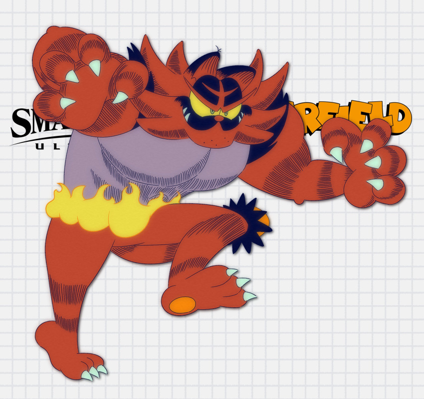 claws closed_mouth commentary copyright copyright_name doc_shoddy english_commentary fangs fangs_out fire full_body garfield green_eyes highres incineroar jim_davis_(style) looking_to_the_side multicolored_eyes no_humans pectorals pokemon pokemon_(creature) smile solo standing standing_on_one_leg super_smash_bros. v-shaped_eyebrows white_background yellow_eyes