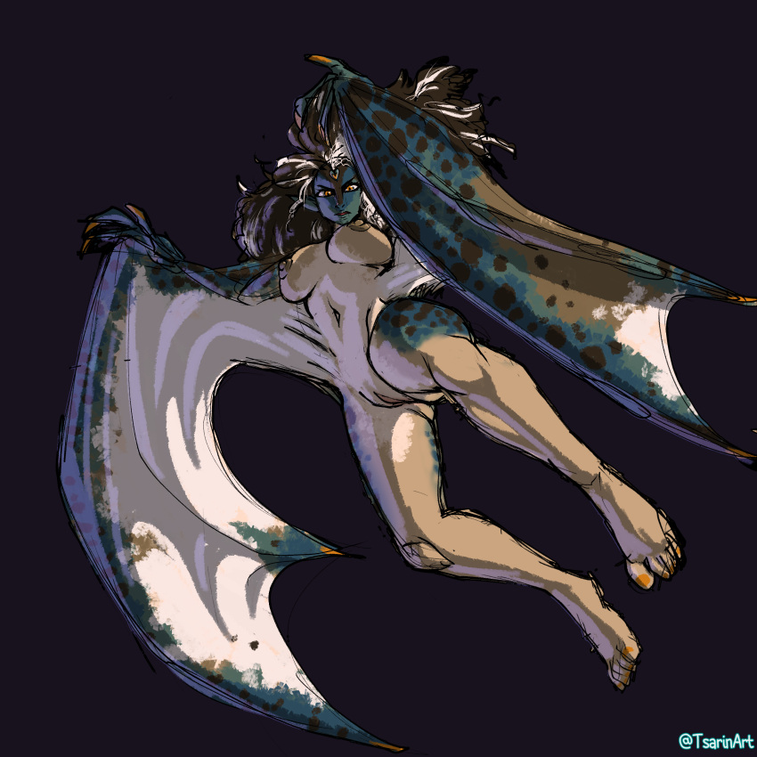 4322chan absurd_res animal_humanoid anyuu black_hair blue_body blue_scales breasts dragon dragon_humanoid falling female genitals hair hi_res human humanoid looking_at_viewer looking_down low-angle_view mammal night pussy scales solo tan_body wings wyvern wyvern_humanoid