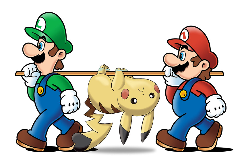 2boys blue_eyes blue_pants bound brown_footwear commentary crossover doc_shoddy english_commentary facial_hair full_body gloves green_headwear green_shirt hat highres holding holding_stick looking_at_viewer looking_to_the_side luigi mario mario_(series) multiple_boys mustache pants pikachu pokemon pokemon_(creature) red_headwear red_shirt shadow shirt simple_background standing stick sugimori_ken_(style) tied_up_(nonsexual) upside-down walking white_background white_gloves