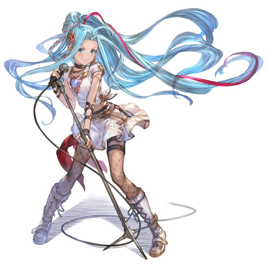 1girl blue_eyes blue_hair boots braid choker closed_mouth cross-laced_footwear earrings fishnets floating_hair granblue_fantasy holding holding_microphone holding_microphone_stand jewelry lace-up_boots looking_at_viewer lyria_(granblue_fantasy) microphone microphone_stand minaba_hideo multicolored_hair official_art pantyhose ponytail red_hair shirt simple_background skirt smile solo standing streaked_hair thigh_strap transparent_background v-shaped_eyebrows