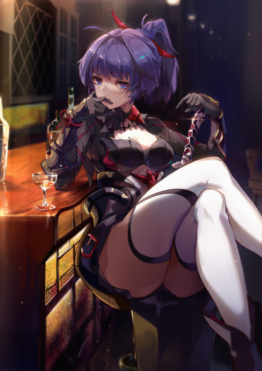 1girl alcohol bangs bar_stool black_gloves bottle breasts cleavage closed_mouth crossed_legs cup drinking_glass gloves highres holding holding_sword holding_weapon honkai_(series) honkai_impact_3rd indoors katana long_hair long_sleeves looking_at_viewer ponytail purple_eyes purple_hair raiden_mei raiden_mei_(danzai_spectramancer) revision sitting smile solo stool sword table thighhighs weapon white_legwear wine wine_bottle wine_glass zombie-andy