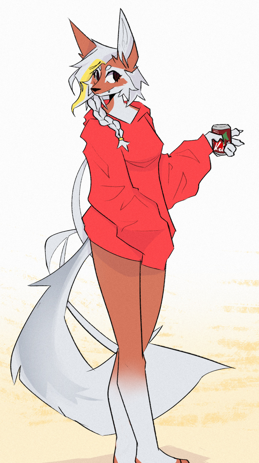 5_fingers absurd_res anthro beverage_can black_nose blonde_hair braided_hair canid canine clothed clothing dark_eyes fangs female fingers fox fur hair hi_res inner_ear_fluff jasmine_(fox) mammal orange_body orange_fur partially_clothed simple_background solo tuft unknown_artist white_body white_fur white_hair