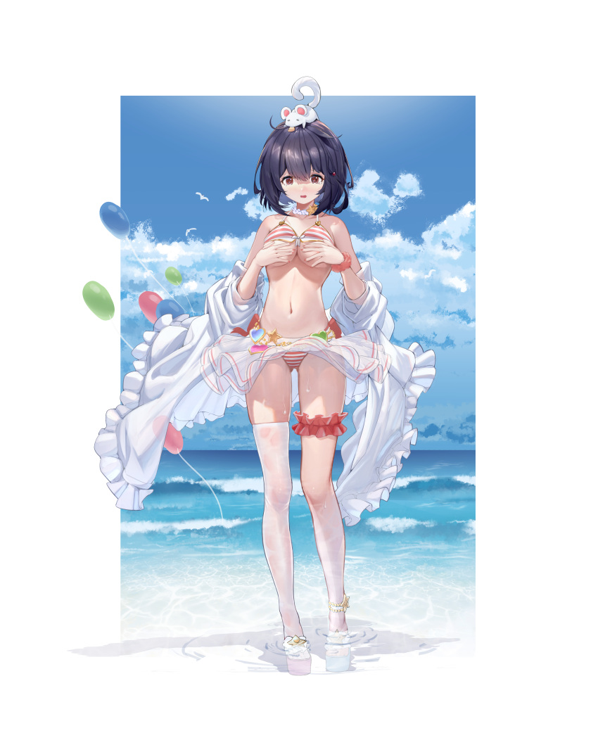 1girl @_@ absurdres animal_on_head ass_visible_through_thighs balloon bangs bare_shoulders bikini black_hair blush breasts caustics chinese_commentary choker cloud commentary_request covering covering_breasts full_body granblue_fantasy highres horizon jacket leg_garter looking_down medium_breasts miniskirt mouse navel nose_blush on_head open_mouth outdoors platform_footwear red_eyes sandals scrunchie see-through_legwear short_hair single_thighhigh skirt soaking_feet solo standing striped striped_bikini swimsuit tearing_up thighhighs vikala_(granblue_fantasy) water wet wet_legwear white_jacket white_skirt wrist_scrunchie xintianou