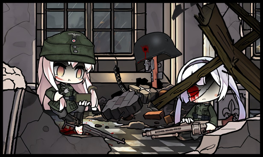 2girls bandage_over_one_eye bandaged_head bandages blood blood_on_face blood_splatter building bullet_hole can canned_food commentary corpse death dismemberment dresden eating empty_eyes english_commentary fork gewehr_43 girls'_frontline grave gun hat headband kar98k_(girls'_frontline) long_hair machine_gun mg42 mg42_(girls'_frontline) military military_hat military_uniform mp40 multiple_girls rifle rubble ruins saru_(style) shaded_face silver_hair sprite_art submachine_gun tearing_up the_mad_mimic twintails uniform weapon wehrmacht window world_war_ii