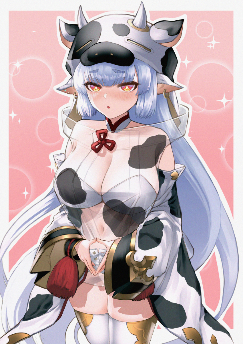 1girl absurdres animal_costume animal_ears animal_print border catura_(granblue_fantasy) cow_costume cow_ears cow_girl cow_hat cow_hood cow_horns cow_print cow_tail draph eyebrows_visible_through_hair granblue_fantasy grey_border highres horns light_blue_hair long_hair micro_shorts navel orange_eyes own_hands_together pink_background see-through shorts solo tail unbuttoned_shorts user_sjpm2447 white_shorts