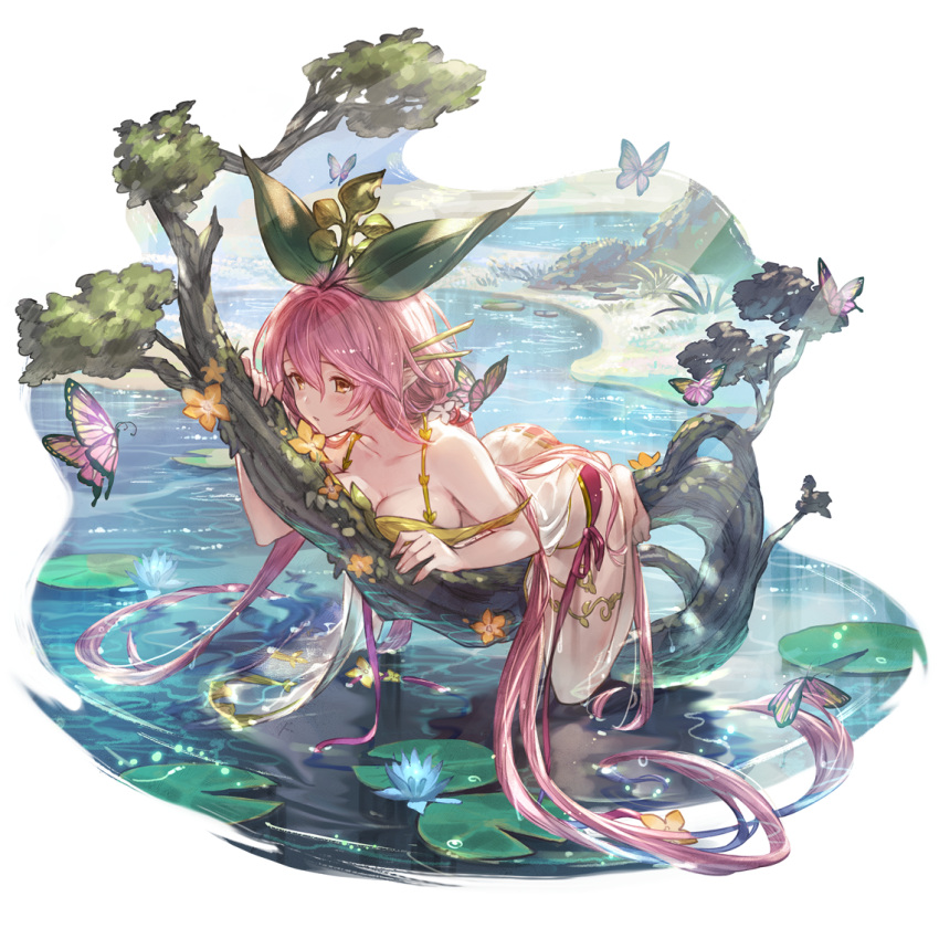 1girl bangs bikini breast_press breasts bug butterfly cleavage collarbone granblue_fantasy hair_between_eyes halter_top halterneck in_tree large_breasts lily_pad long_hair lying minaba_hideo official_art on_stomach orange_eyes pink_hair pointy_ears side-tie_bikini solo swimsuit thighlet transparent_background tree water yggdrasil_(granblue_fantasy)