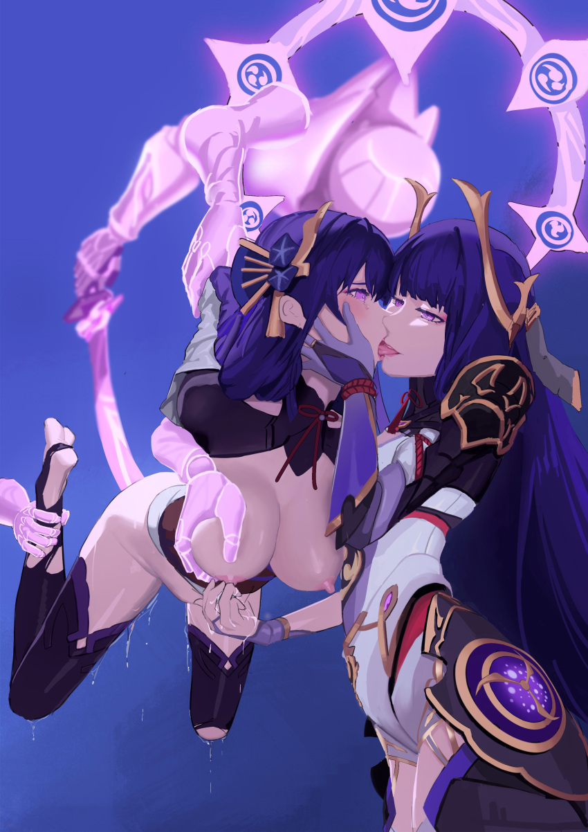 2girls absurdres arms_behind_back bangs blunt_bangs blush breast_grab breasts caijidayisheng crying defeat face-to-face feet flower french_kiss genshin_impact gloves grabbing groping hair_flower hair_ornament half-closed_eyes hand_on_another's_face highres hime_cut holding holding_sword holding_weapon kiss lactation large_breasts leotard long_hair mechanical_arms multiple_girls nipples open_mouth purple_eyes purple_hair raiden_shogun restrained selfcest smile sweat sword thighhighs tongue tongue_out torn_clothes torn_legwear vambraces weapon