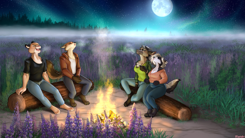 4322chan absurd_res anthro badger canid canine canis clothed clothing coyote detailed_background female fireplace fog fully_clothed grabbing_hands group hi_res honey_badger howl hyaenid lavender_(flower) light male mammal moon moonlight mustelid musteline night striped_hyena trunk yowl