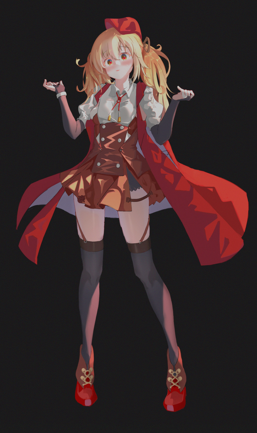 1girl absurdres bangs black_background black_legwear blonde_hair blush brown_skirt chinese_commentary coat collared_shirt commentary_request full_body girls'_frontline heart heart_in_eye high-waist_skirt highres juliet_sleeves long_sleeves neck_ribbon parted_lips puffy_sleeves red_coat red_footwear red_headwear red_ribbon ribbon shirt shoes simple_background skirt solo sten_mkii_(girls'_frontline) symbol_in_eye thighhighs twintails white_shirt xintianou zettai_ryouiki