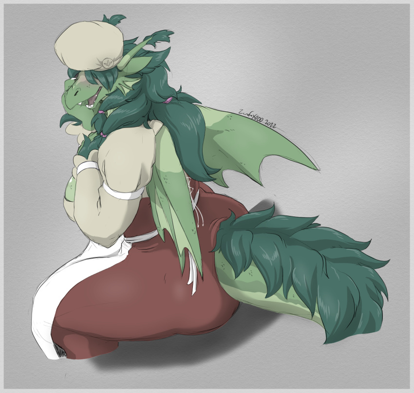 2022 anthro big_breasts big_butt blush border breasts butt cheek_fins cleavage clothed clothing dragon dress female fur green_body green_fur green_hair green_scales grey_background grey_clothing grey_hat grey_headwear grey_shirt grey_topwear hair hat headgear headwear hi_res huge_breasts huge_butt huge_thighs membrane_(anatomy) membranous_wings obscured_eyes red_clothing red_dress scales scalie shirt side_boob simple_background smile solo thick_thighs topwear western_dragon white_apron white_border wings zerofox1000