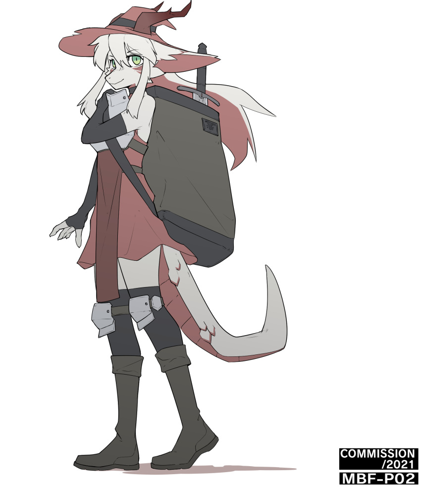 5_fingers anthro armor backpack bag boots breastplate clothed clothing dragon female fingers footwear fur green_eyes hair hi_res horn knee_guards mbf-p02 red_body red_fur red_hair scales simple_background solo white_background white_body white_fur white_hair