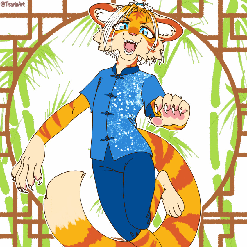 4322chan anthro blue_eyes claws_out clothed clothing felid growling hi_res jumping looking_at_viewer male mammal orange_body pantherine simple_background smile smiling_at_viewer solo tiger