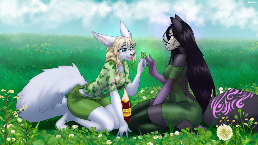 4322chan absurd_res anthro canid canine clothed clothing clover detailed_background duo female flower fox hi_res holding_object looking_pleasured malo mammal meadow plant scp-1471 scp_foundation smile wine_bottle