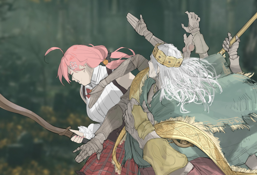 1boy 1girl ahoge closed_eyes elden_ring extra_arms godrick_the_grafted hair_ornament hairclip holding holding_sword holding_weapon hololive meme nail_polish parody pink_hair pink_nails sakura_miko sangan_35p slapping sword virtual_youtuber weapon white_hair will_smith_slapping_chris_rock_(meme)