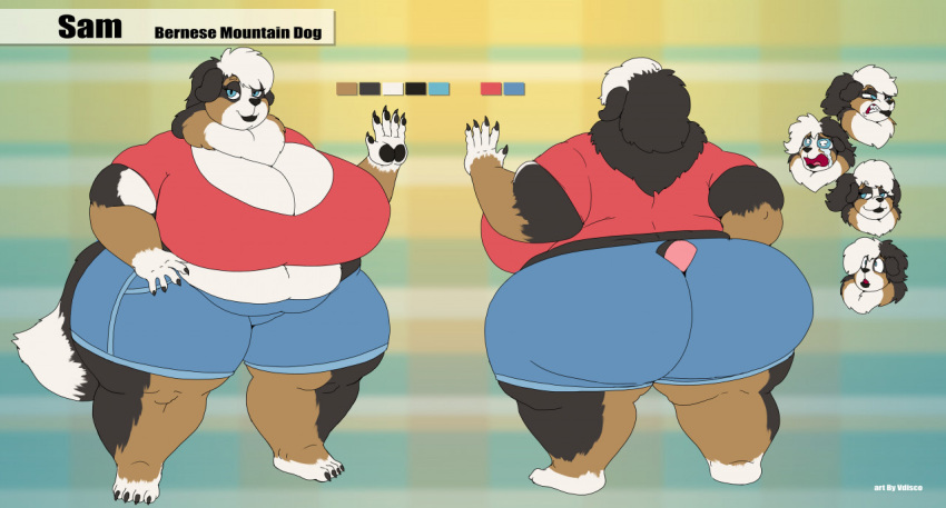 anthro bernese_mountain_dog big_breasts big_butt biped black_body black_fur black_lips blue_eyes bodily_fluids breasts brown_body brown_fur butt canid canine canis cleavage clothed clothing crying curvy_figure domestic_dog female front_view fully_clothed fur half-closed_eyes huge_breasts huge_butt lips looking_at_viewer mammal model_sheet molosser mountain_dog narrowed_eyes obese obese_anthro obese_female open_mouth overweight overweight_anthro overweight_female rear_view sam_(thesammon) sharp_teeth solo standing swiss_mountain_dog tears teeth thick_thighs vdisco voluptuous white_body white_fur wide_hips
