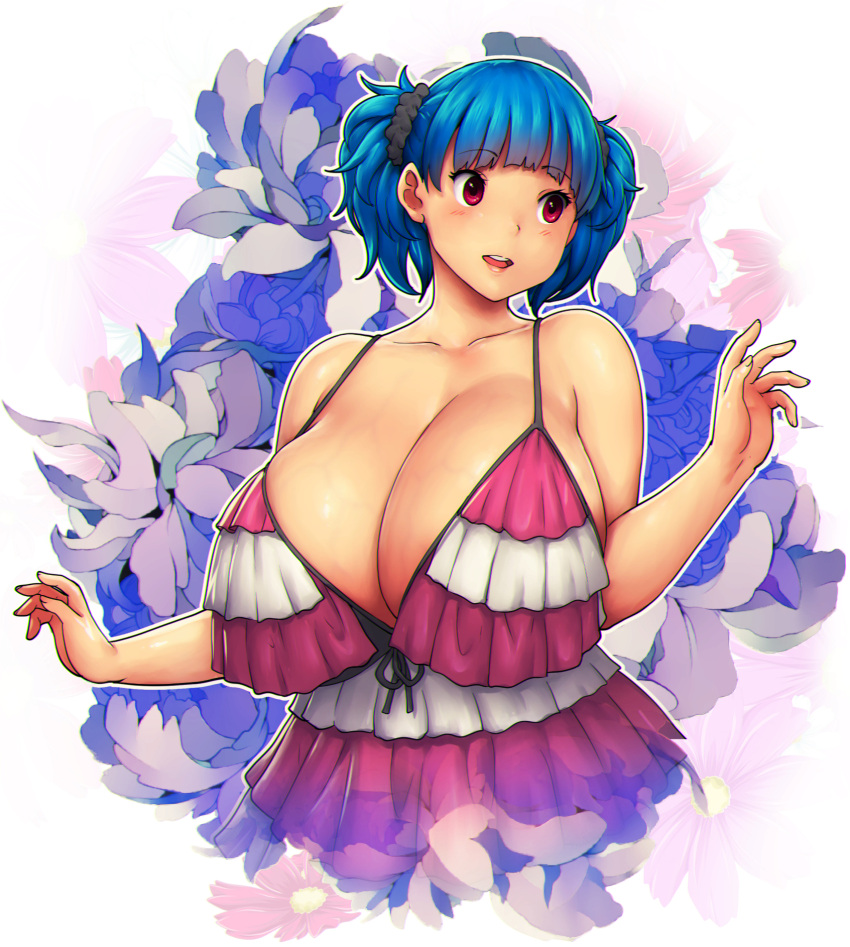 1girl bare_shoulders blue_hair breasts dress english_commentary erkaz floral_print flower highres huge_breasts medium_hair open_hands open_mouth original rina_atherina striped striped_dress upper_body white_background