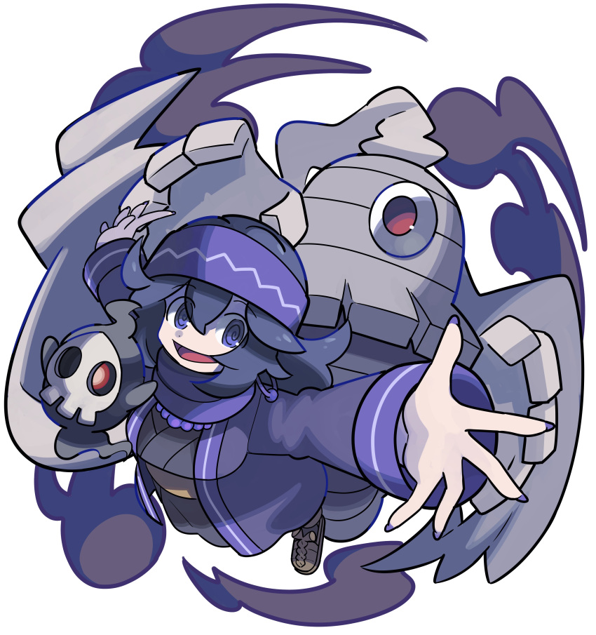 1girl :d @_@ absurdres alternate_costume bangs black_hair brown_footwear commentary_request dusclops duskull eyebrows_visible_through_hair hair_between_eyes headband hex_maniac_(pokemon) highres long_hair long_sleeves nail_polish open_mouth outstretched_arms pokemon pokemon_(creature) pokemon_(game) pokemon_xy purple_headband purple_nails shoes smile spread_fingers sutokame tongue white_background