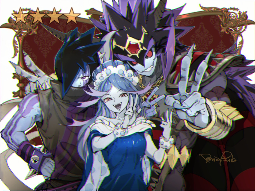 1girl 2boys armor bare_shoulders black_hair black_sclera blue_cape blue_hair body_markings bracelet cape chain chain_necklace character_request chromatic_aberration colored_sclera colored_skin covered_mouth demizu_posuka double_v double_w facial_mark fang fingernails frills fur_trim gem grey_nails grey_skin hair_over_one_eye hand_on_hip highres jewelry long_fingernails long_hair looking_at_viewer multicolored_eyes multicolored_hair multiple_boys muscular muscular_male necklace off_shoulder open_mouth orange_eyes oreca_battle patterned pauldrons pink_eyes polka_dot purple_eyes purple_hair red_eyes sharp_fingernails shoulder_armor signature single_bare_shoulder skin_fang smile spiked_bracelet spiked_hair spikes star_(symbol) streaked_hair teeth tongue transparent v vambraces very_long_fingernails w