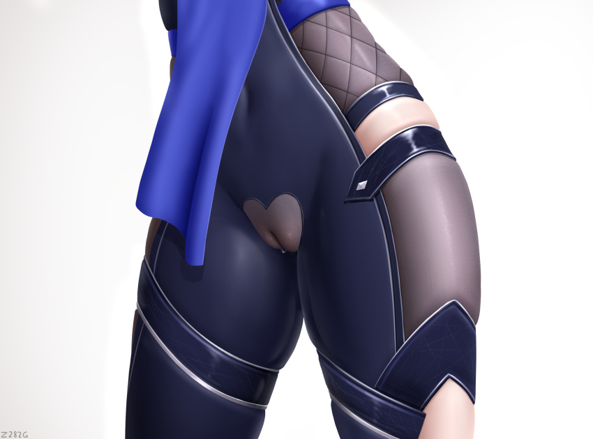1girl blue_bodysuit bodysuit cameltoe close-up clothing_cutout commentary_request covered_navel crotch dripping genshin_impact highres hip_focus hip_vent impossible_clothes lower_body pantyhose pussy_juice pussy_juice_drip_through_clothes simple_background skindentation tassel thigh_cutout thighs white_background yelan_(genshin_impact) z282g