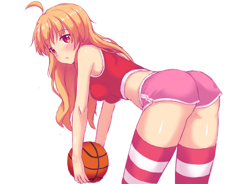 1girl ass ball bangs basketball blonde_hair breasts eyebrows_visible_through_hair highres holding holding_ball large_breasts long_hair looking_at_viewer nottytiffy original red_eyes self-portrait short_shorts shorts slit_pupils solo striped striped_legwear tank_top thighhighs tiffy_(nottytiffy)