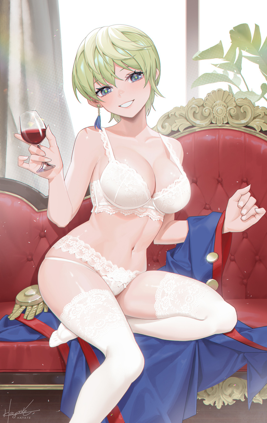 1girl alcohol artist_name blue_eyes blue_jacket bra breasts cleavage collarbone couch cup curtains drinking_glass earrings epaulettes fingernails green_hair green_pupils grin hair_between_eyes hand_up highres holding holding_cup indoors izumo_tenka jacket jacket_removed jewelry lace lace-trimmed_bra lace_legwear lace_panties lace_trim large_breasts leaf98k lingerie looking_at_viewer mato_seihei_no_slave navel no_shoes on_couch panties plant shiny shiny_skin short_hair signature sitting smile solo stomach thighhighs thighs underwear underwear_only white_bra white_legwear white_panties wine wine_glass