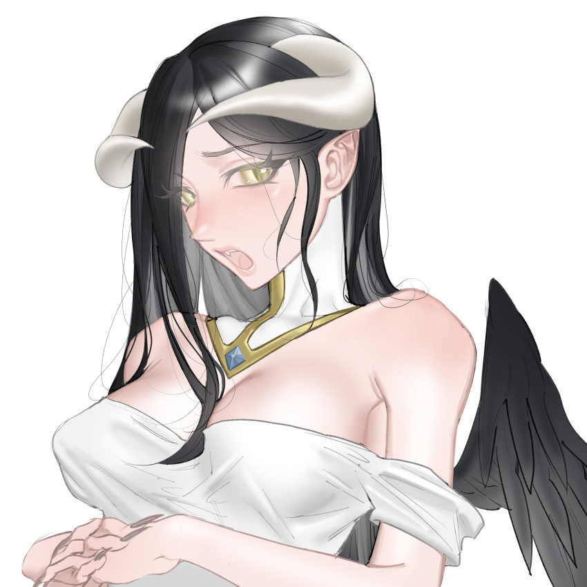 1girl absurdres albedo_(overlord) bangs breasts cleavage dress fang highres horns long_bangs medium_breasts off-shoulder_dress off_shoulder open_mouth overlord_(maruyama) own_hands_together parted_bangs pointy_ears portrait ryofu_x solo symbol-only_commentary white_background white_dress yellow_eyes
