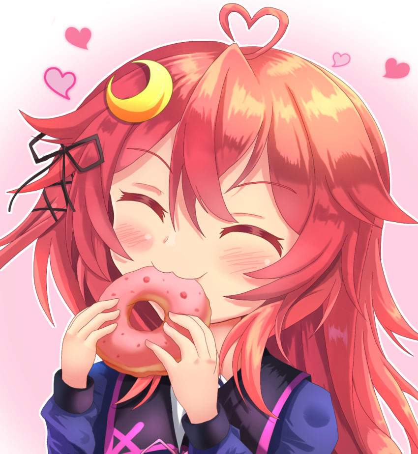 1girl :3 ^_^ ahoge bangs black_ribbon blue_shirt blush closed_eyes closed_mouth commentary_request crescent crescent_hair_ornament doughnut eating eyebrows_visible_through_hair facing_viewer food gradient gradient_background hair_between_eyes hair_ornament hair_ribbon hands_up heart heart_ahoge holding holding_food kantai_collection long_hair long_sleeves pink_background puffy_long_sleeves puffy_sleeves red_hair ribbon shirt sills solo upper_body uzuki_(kancolle) white_background