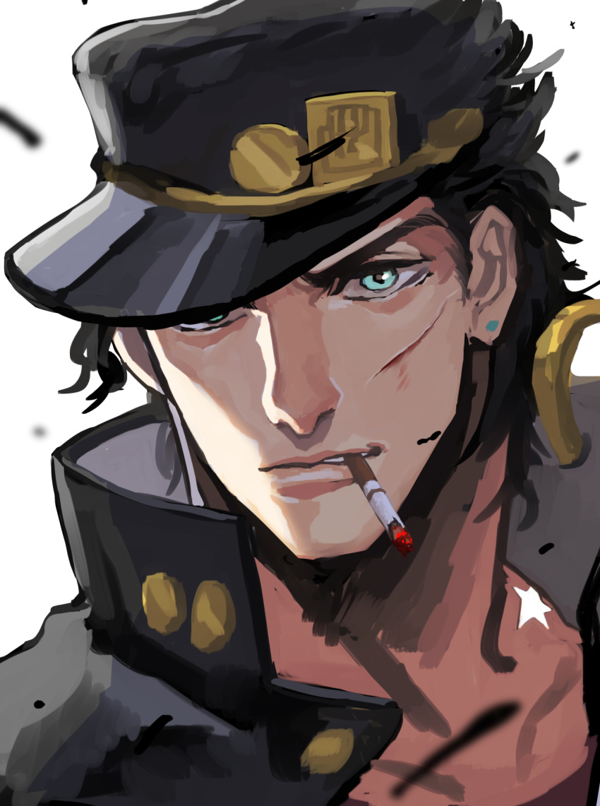 1boy birthmark black_hair blue_eyes chain cigarette earrings gakuran hat hat_over_one_eye highres jewelry joestar_birthmark jojo_no_kimyou_na_bouken kujo_jotaro long_coat male_focus mouth_hold school_uniform solo stardust_crusaders supocon