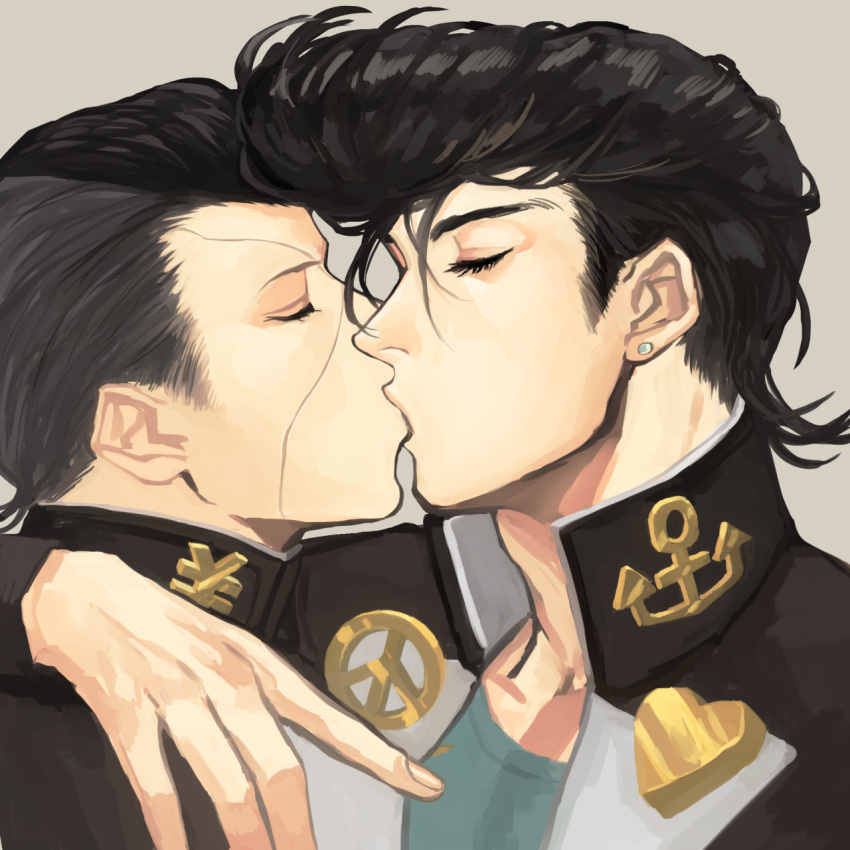 2boys anchor_ornament black_hair closed_eyes diamond_wa_kudakenai gakuran heart higashikata_josuke highres jojo_no_kimyou_na_bouken kiss male_focus multiple_boys nijimura_okuyasu peace_symbol pompadour profile school_uniform supocon yaoi yen_sign